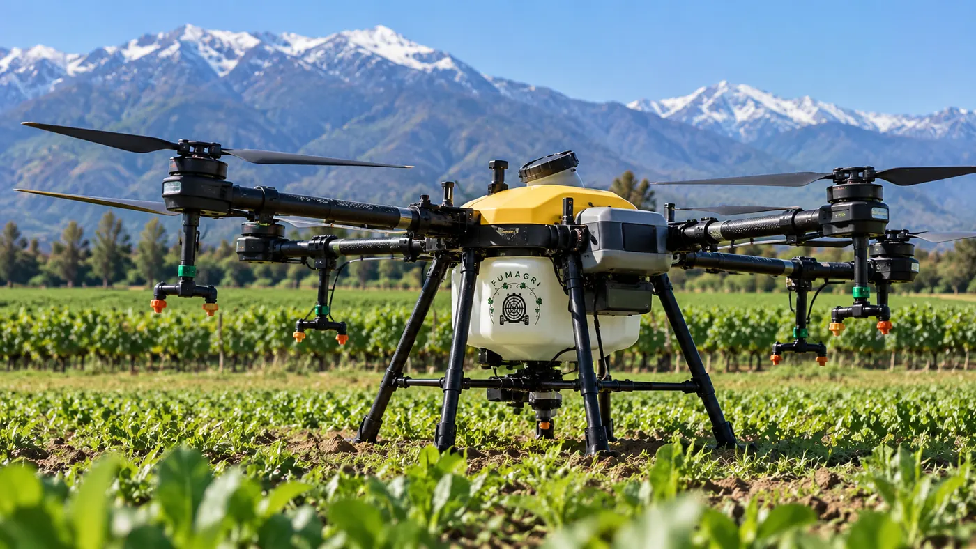 Dron de aplicación agrícola Fumagri sobre un cultivo