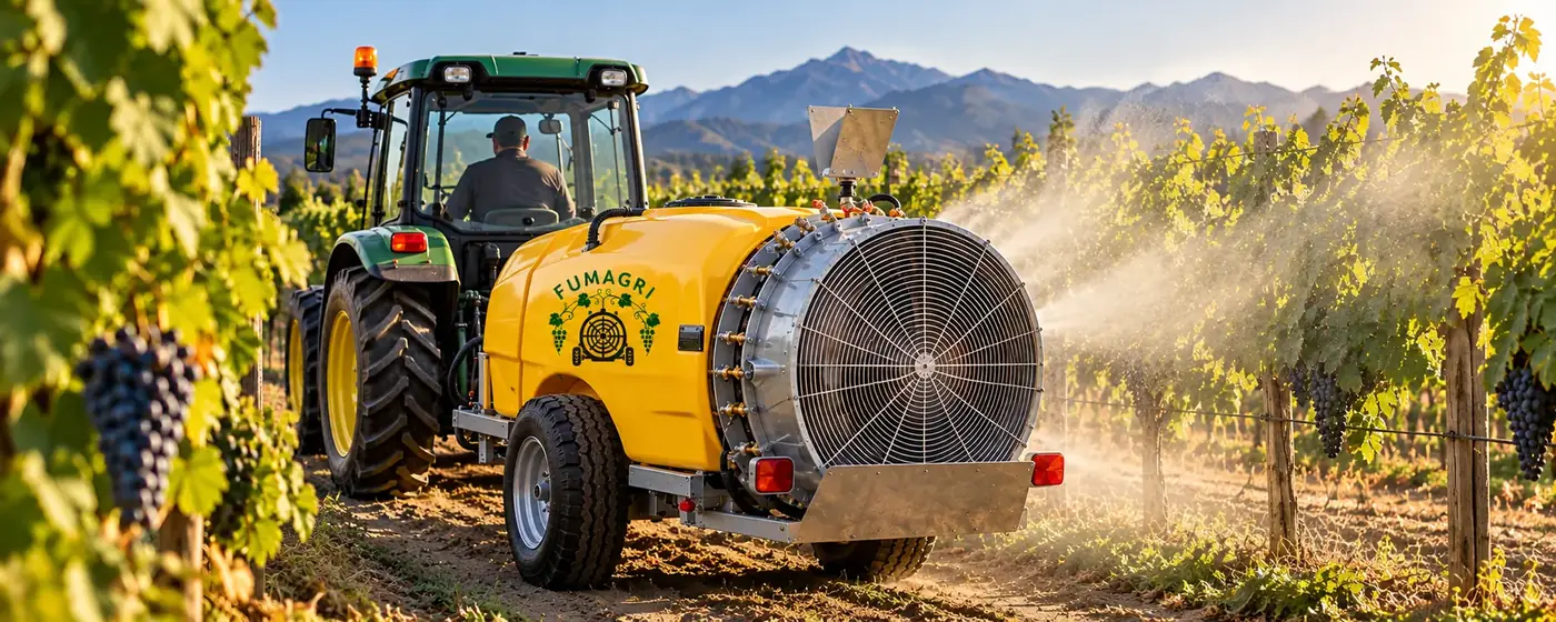 Tractor con atomizador Fumagri aplicando en un viñedo