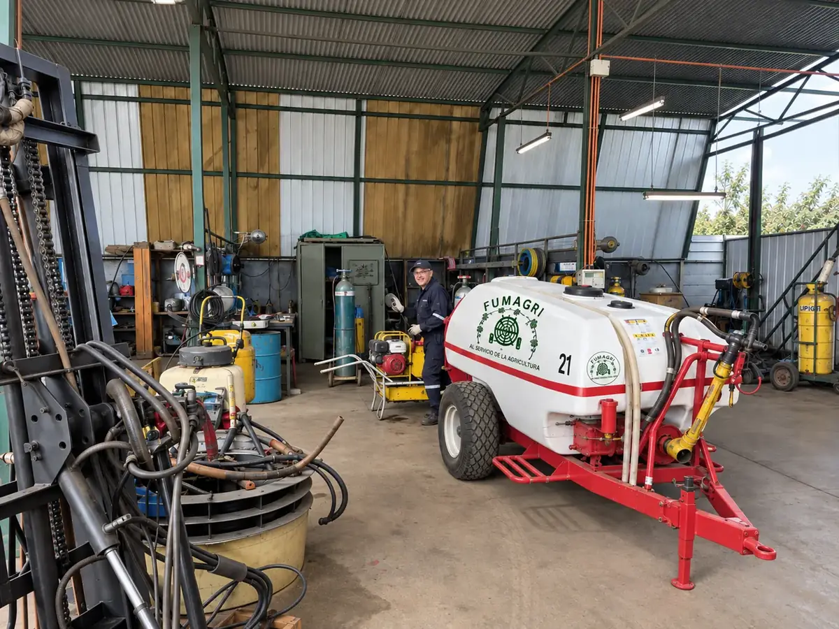 Técnico de Fumagri en el taller junto a un atomizador en mantención